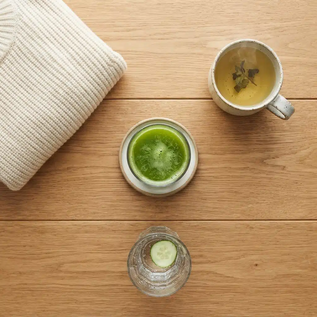 A juice, a jumper, herbal tea and water laid out from above, illustrating how to ease juice cleanse side effects.