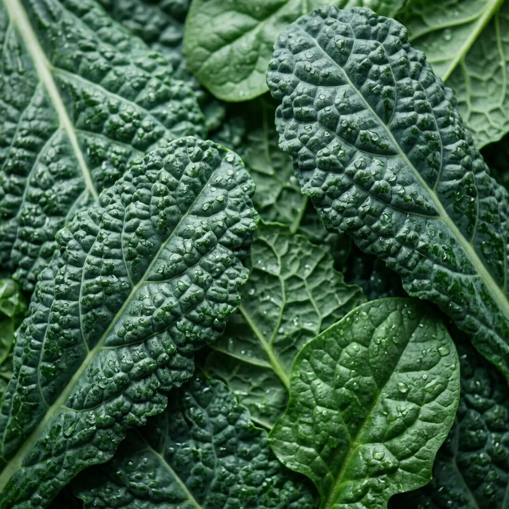 A macro close-up of fresh raw kale and spinach leaves beaded with water droplets, deep green and textured