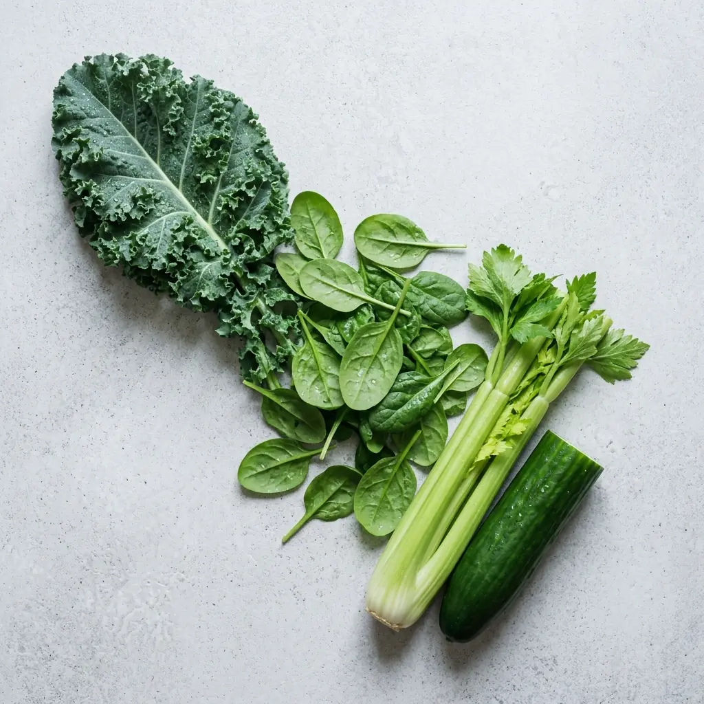 A tall glass of deep green cold-pressed juice surrounded by kale, celery and cucumber with no fruit, on a pale surface