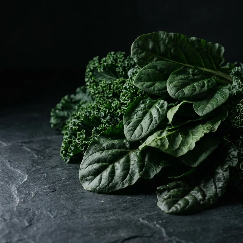 A moody close-up of a pile of dark leafy greens, kale, spinach and chard, on a dark slate surface