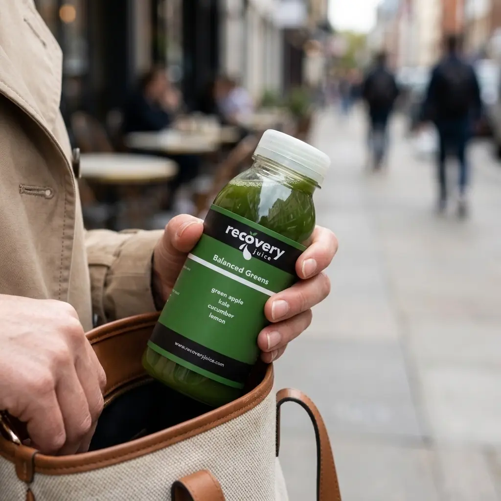 A Recovery Juice bottle grabbed on the go and tucked into a bag, illustrating fasting as an everyday lifestyle.