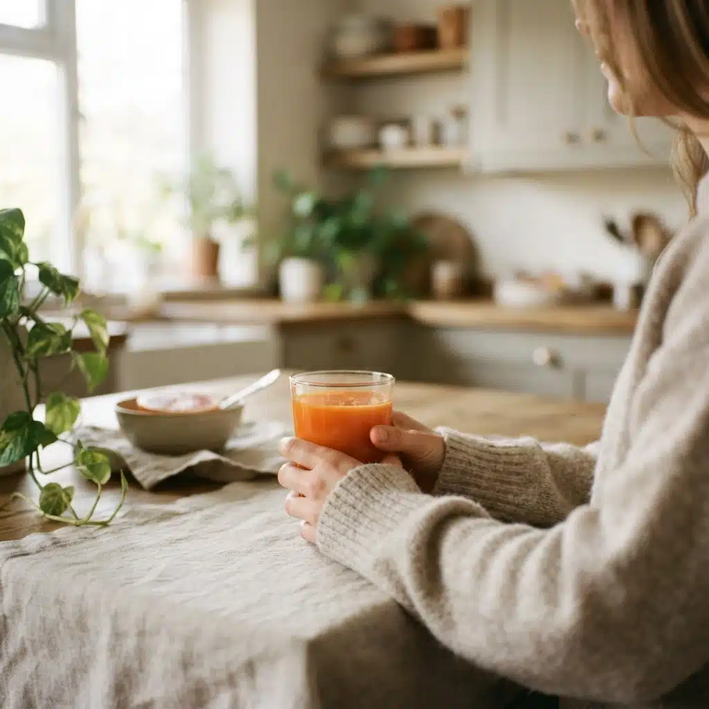 A glass of juice cupped in both hands in a cosy setting, illustrating managing hunger on a juice cleanse.
