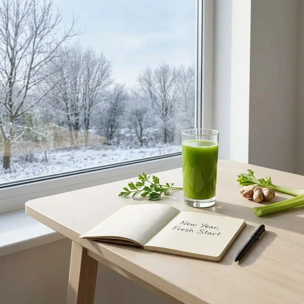 A glass of fresh green cold-pressed juice in bright winter morning light beside an open notebook, suggesting a new year fresh start