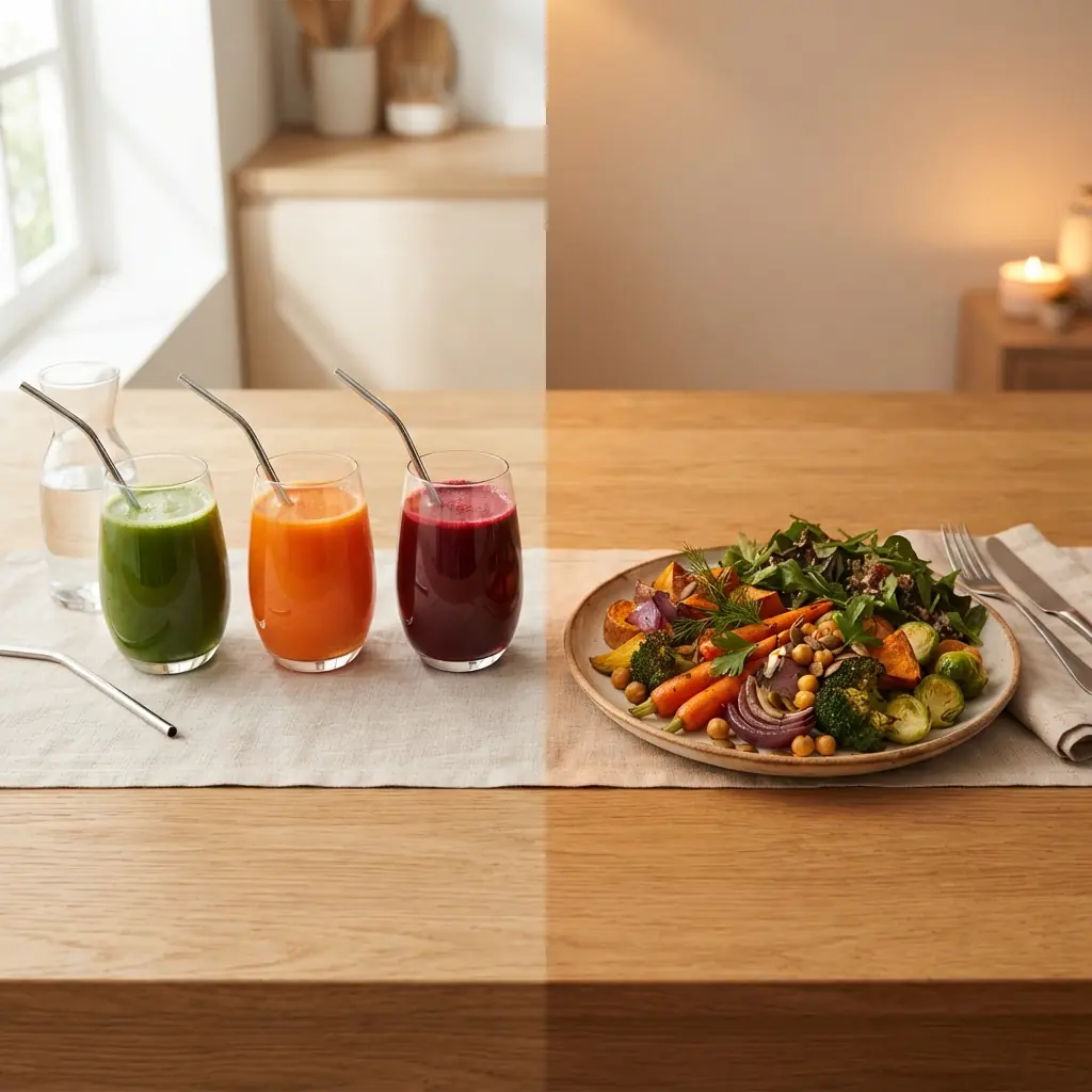 Three cold-pressed juices for the day and a single plate of food for the evening, illustrating OMAD, one meal a day with juice.
