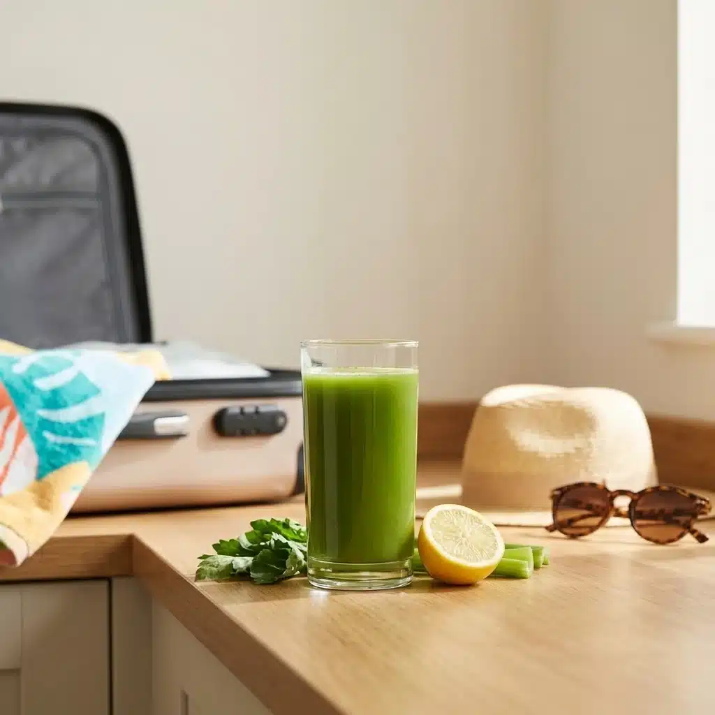 A glass of fresh green cold-pressed juice on a kitchen counter with a suitcase and sun hat softly out of focus behind, suggesting a reset after a holiday