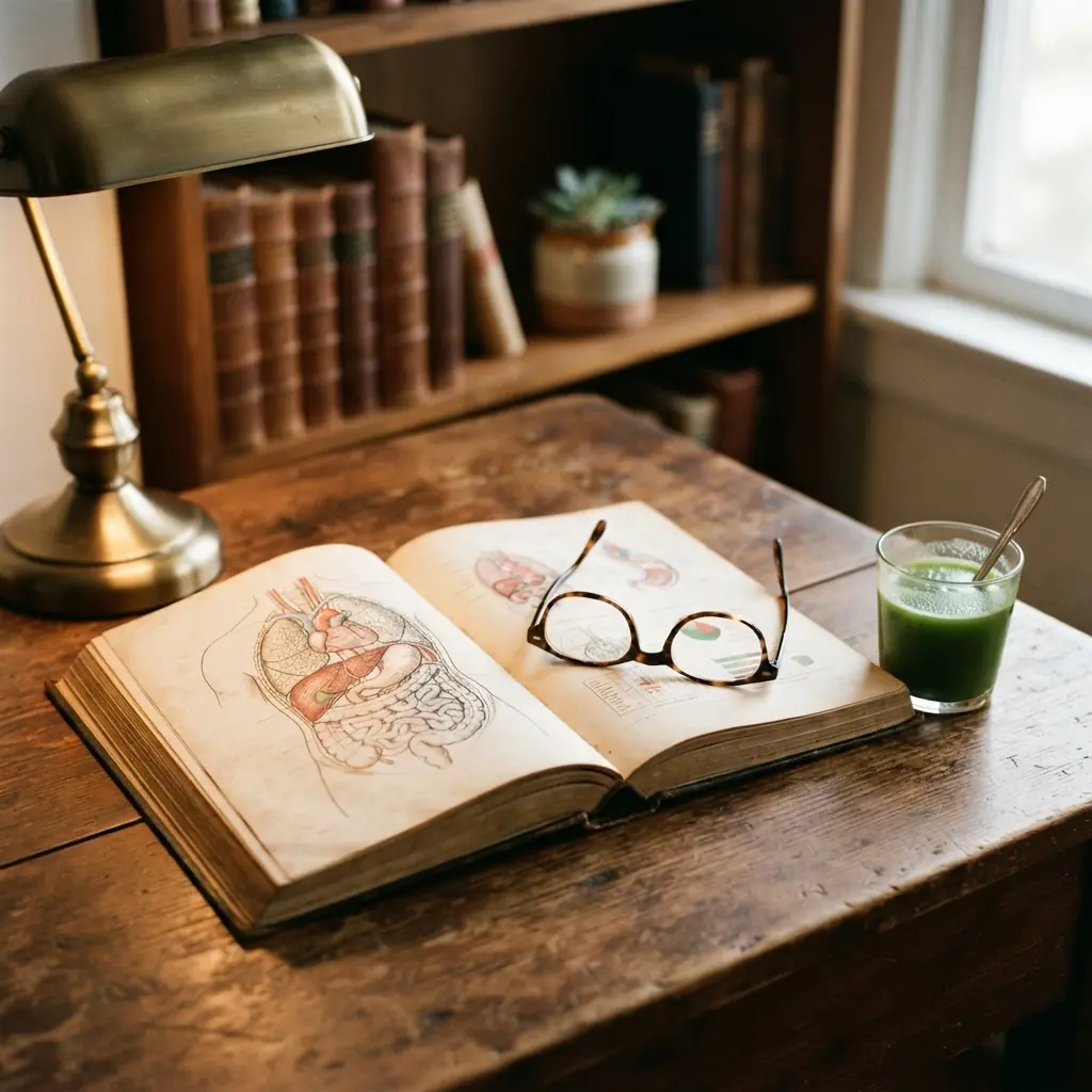 An open anatomy book showing the internal organs beside a small glass of green juice, illustrating what the liver does.