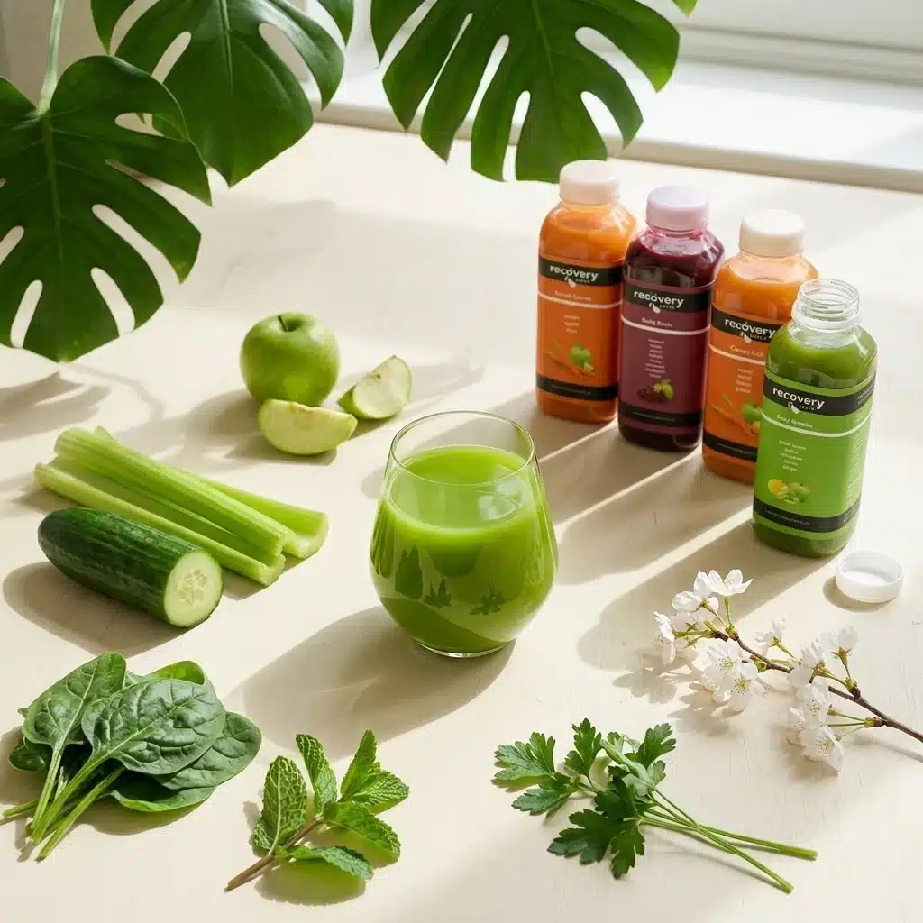 A glass of fresh green cold-pressed juice in bright spring light surrounded by crisp green vegetables and fresh herbs, suggesting a seasonal spring reset