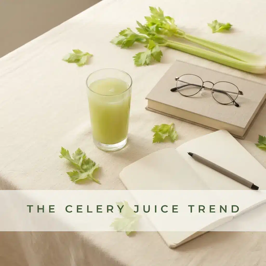 A glass of celery juice on cream linen beside a closed book, reading glasses and an open notebook, suggesting a considered look at the medical medium celery juice trend