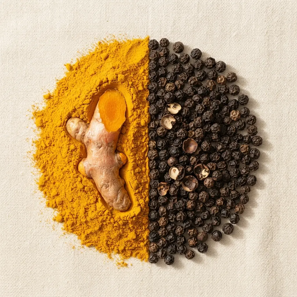 Golden turmeric root and powder on one side meeting a heap of black peppercorns on the other, split down the middle on a cream surface
