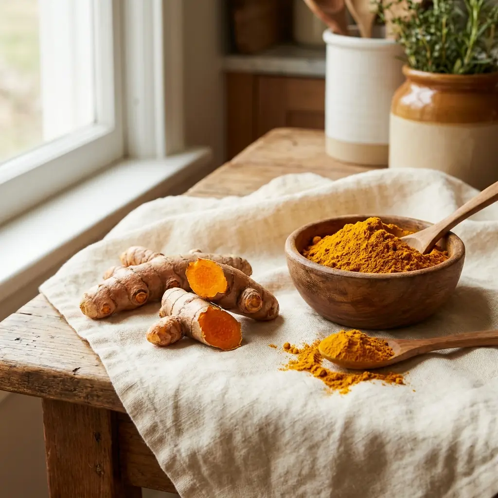 Fresh whole turmeric root next to a bowl of golden turmeric powder with a wooden spoon on a cream surface, showing the two forms side by side