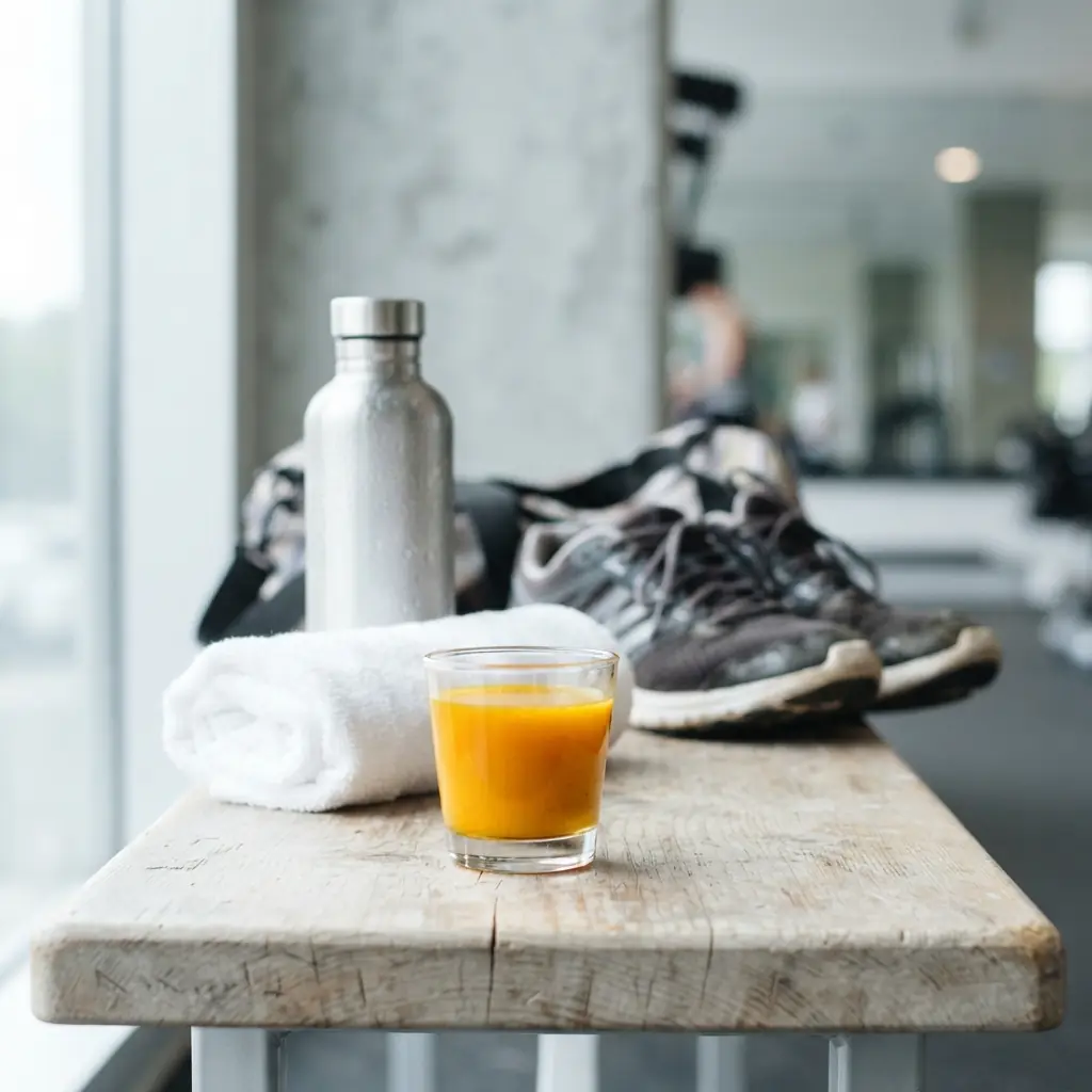A glass of golden turmeric juice on a bench beside a rolled gym towel, water bottle and trainers after a workout