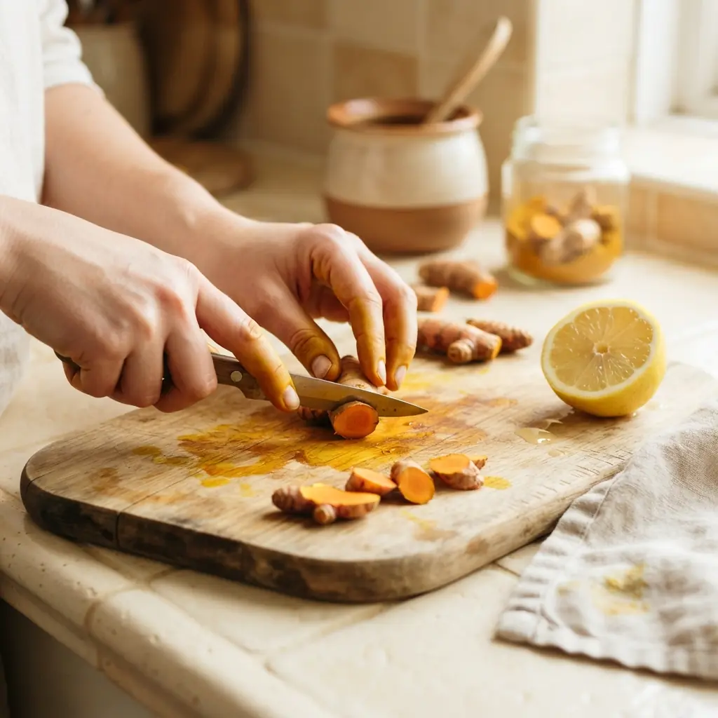 A wooden board and fingertips stained golden yellow from handling fresh turmeric root, with cut root, a cloth and a lemon on a cream surface