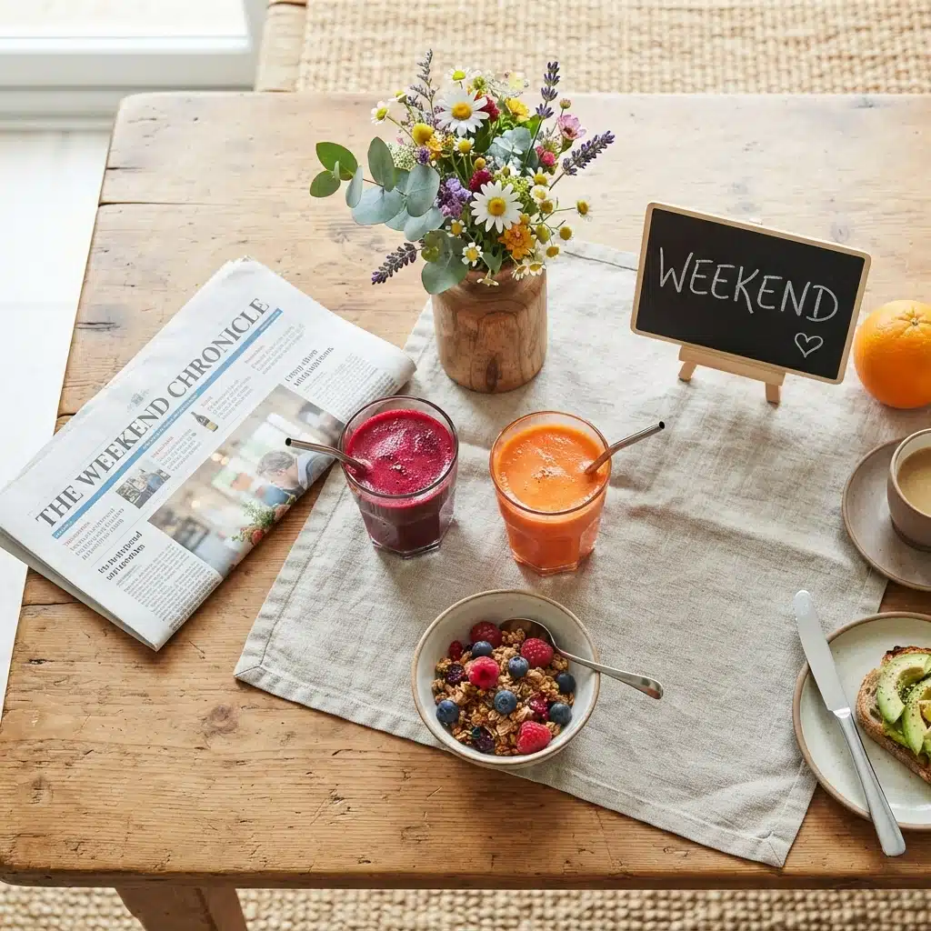 A colourful weekend brunch flat-lay with red and orange cold-pressed juices and a WEEKEND sign, for a 2-day juice cleanse.