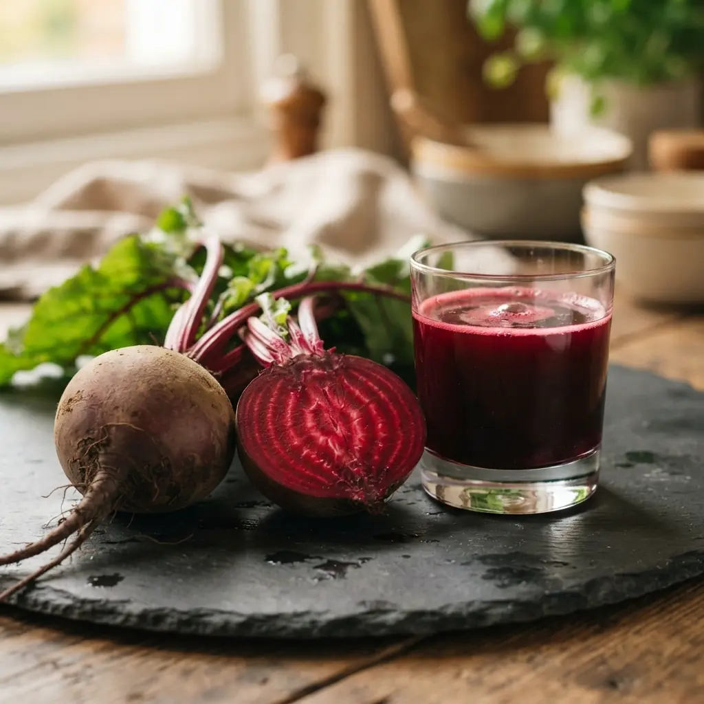 Whole raw beetroot with green leaves and a halved beetroot showing its deep-red rings, beside a glass of cold-pressed beetroot juice on dark slate