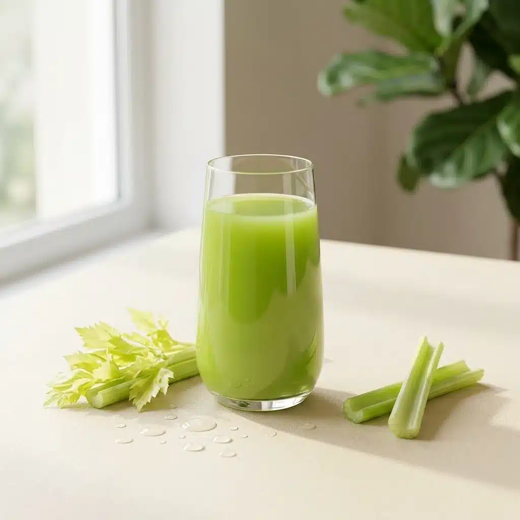 A tall glass of fresh pale-green cold-pressed celery juice beside crisp celery stalks on a cream surface