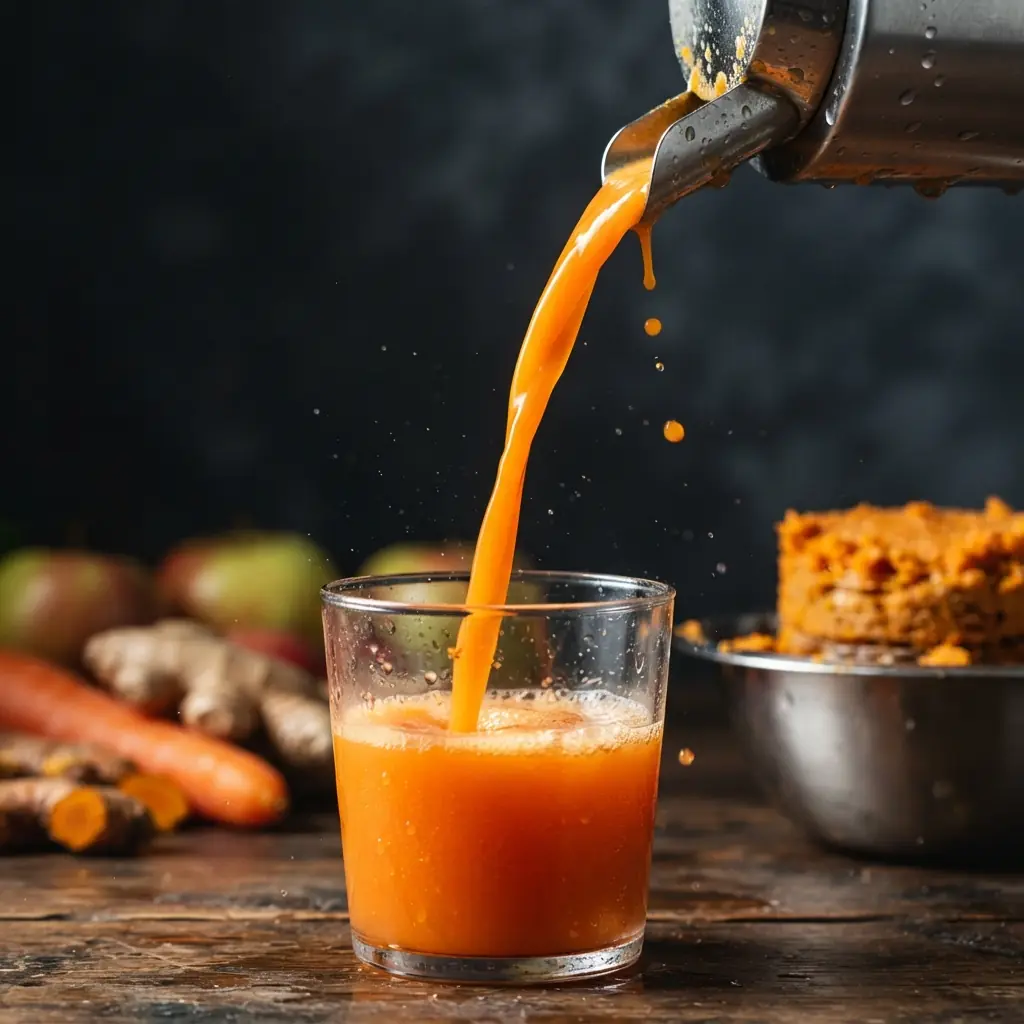 Fresh juice pouring in a ribbon from a stainless steel press spout into a glass, with whole vegetables blurred behind