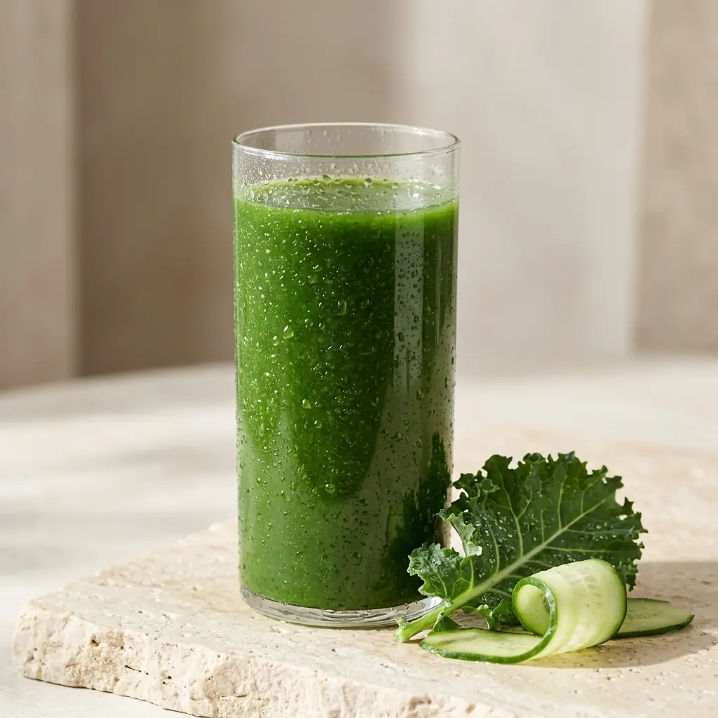 tall glass of leafy green juice with a curled slice of cucumber and kale leaf