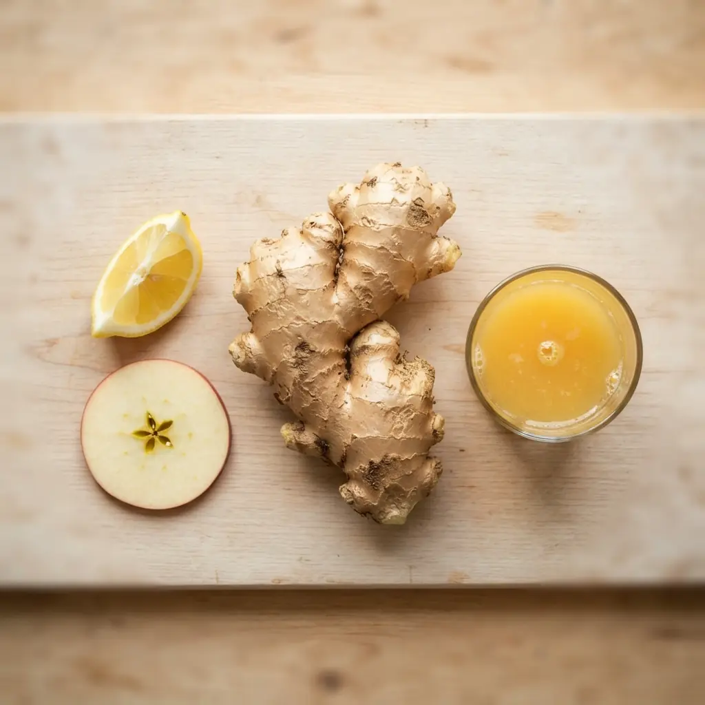 Fresh raw ginger root with lemon and apple beside a small glass of cold-pressed ginger juice, showing the whole ingredients that go into a ginger shot.