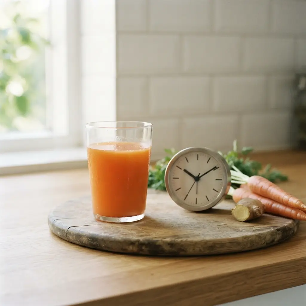 A glass of juice beside a clock, illustrating juice fasting through a set window of time.