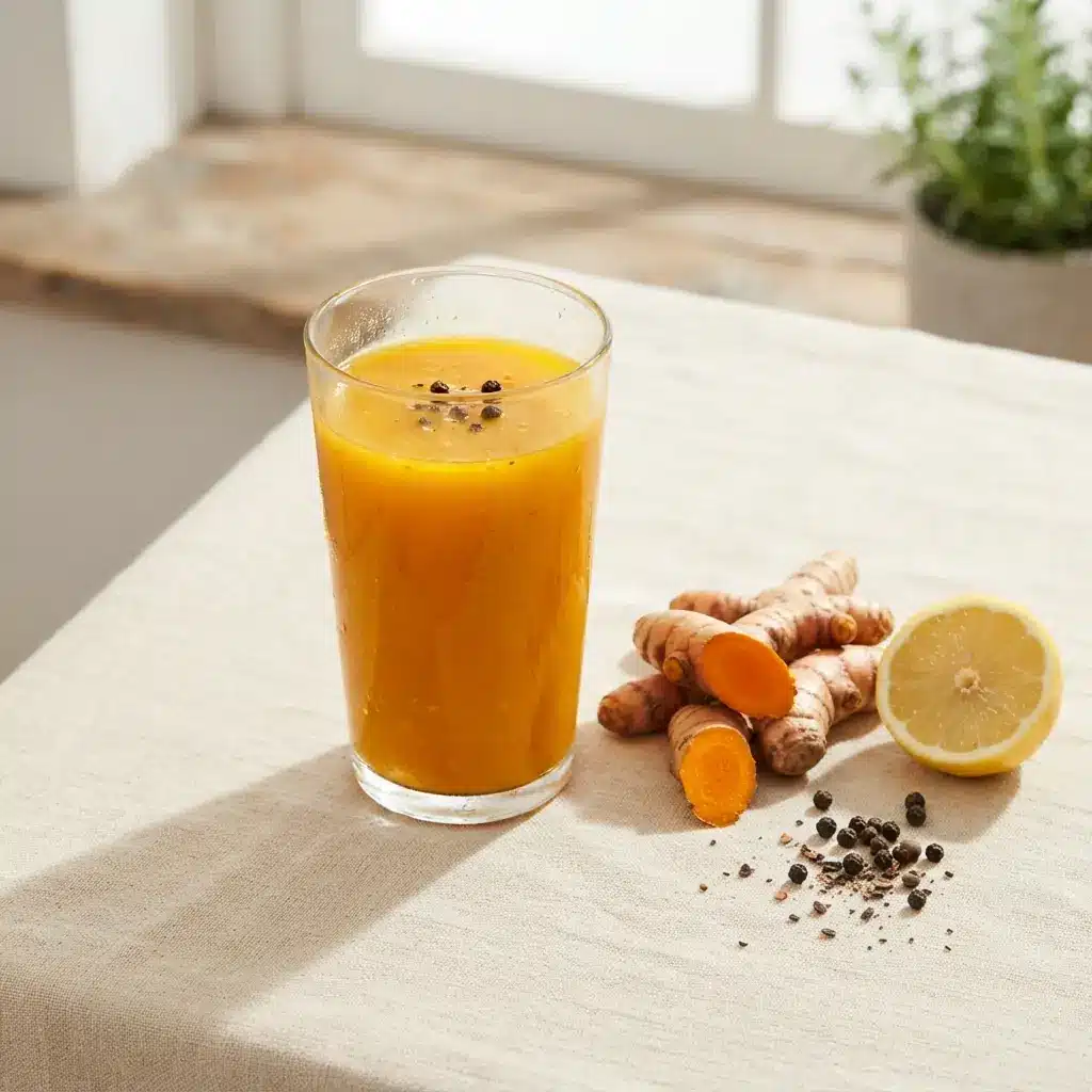 A glass of fresh golden turmeric juice on a cream surface, with whole and cut turmeric root, cracked black pepper and lemon beside it