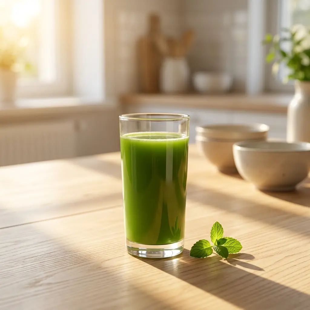 A glass of green cold-pressed juice on a wooden breakfast table in warm morning sunlight