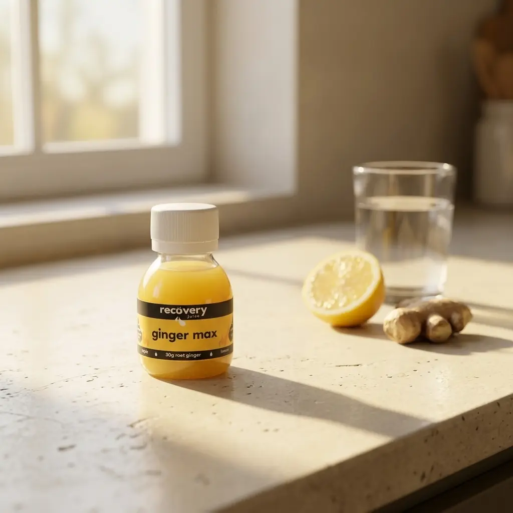 A cold-pressed ginger shot standing in early-morning light on a kitchen counter, a glass of water beside it