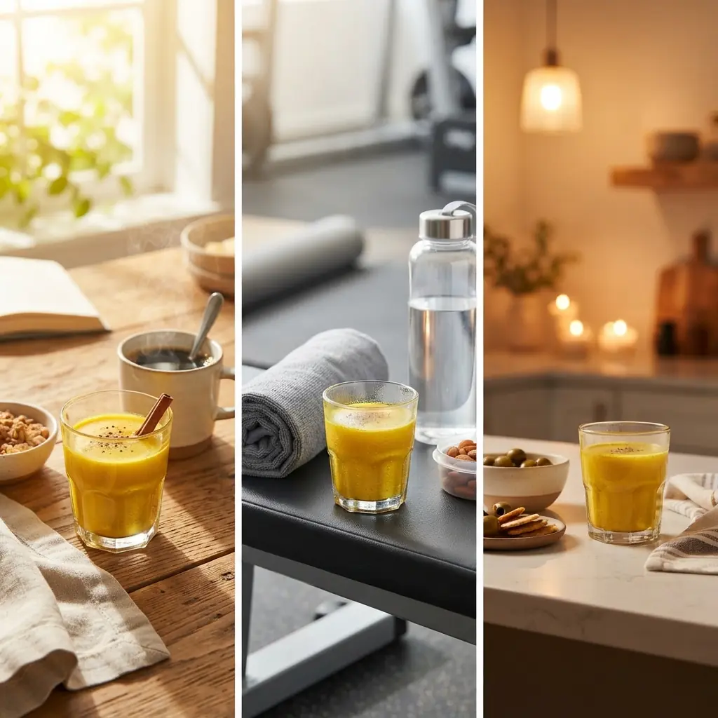 A three-panel image showing a golden turmeric shot at three times of day: beside morning coffee, next to a gym towel after a workout, and in soft evening light