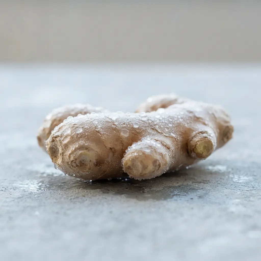 Fresh raw ginger root frosted as if straight from the freezer, showing how ginger shots are kept frozen rather than heat-treated.