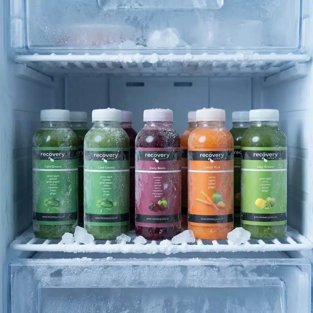 A frost-dusted cold-pressed juice bottle with cold condensation on a cream surface, showing juice frozen fresh rather than shelf-stable