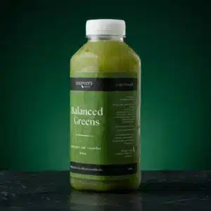 Recovery Juice Balanced Greens 500ml cold-pressed juice bottle on a dark green background