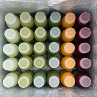 Recovery Juice cold-pressed juice cleanse delivery box packed with frozen 500ml bottles and ginger shots, insulated with ice packs