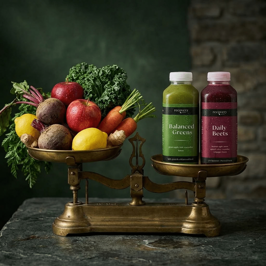 Brass balance scale with fresh beetroot, kale, apple, carrot, lemon and ginger on one side and Recovery Juice Balanced Greens and Daily Beets 500ml cold-pressed juice bottles on the other, on a dark stone background